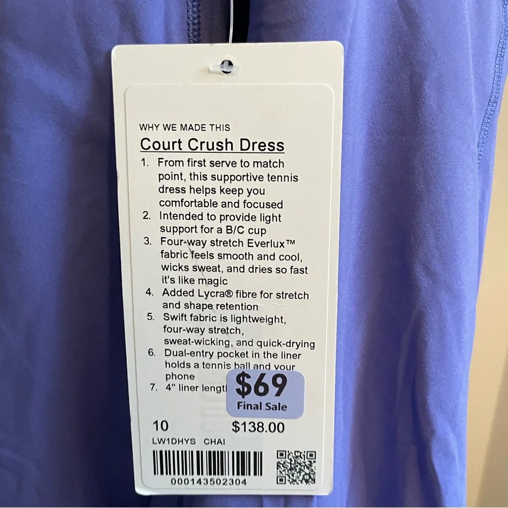 NWT Lululemon Size 12 Court Crush Dress Charged Indigo CHAI Tennis Sporty Chic - Picture 7 of 7